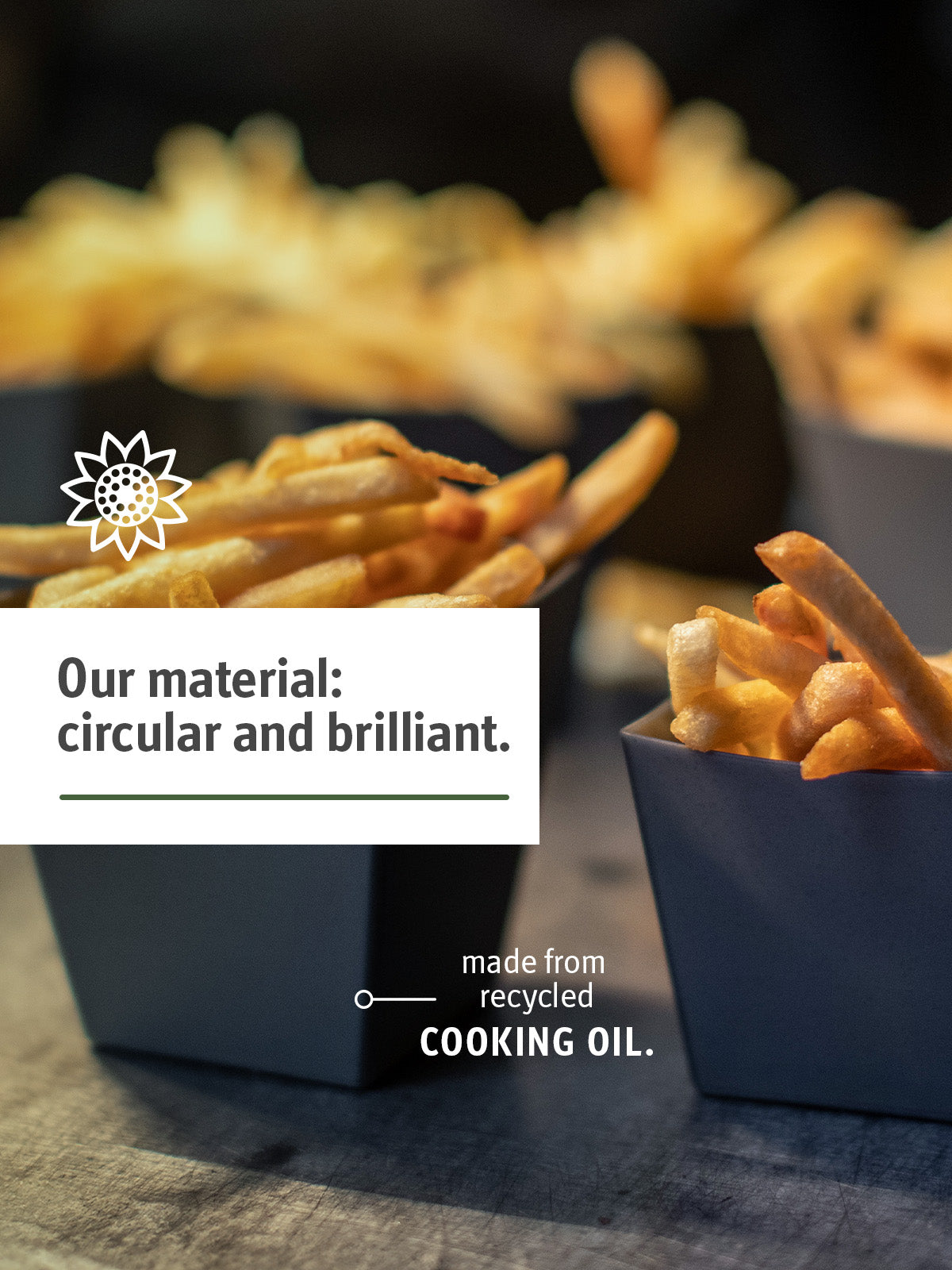 Our material is made from recycled cooking oil, for example used for fries.