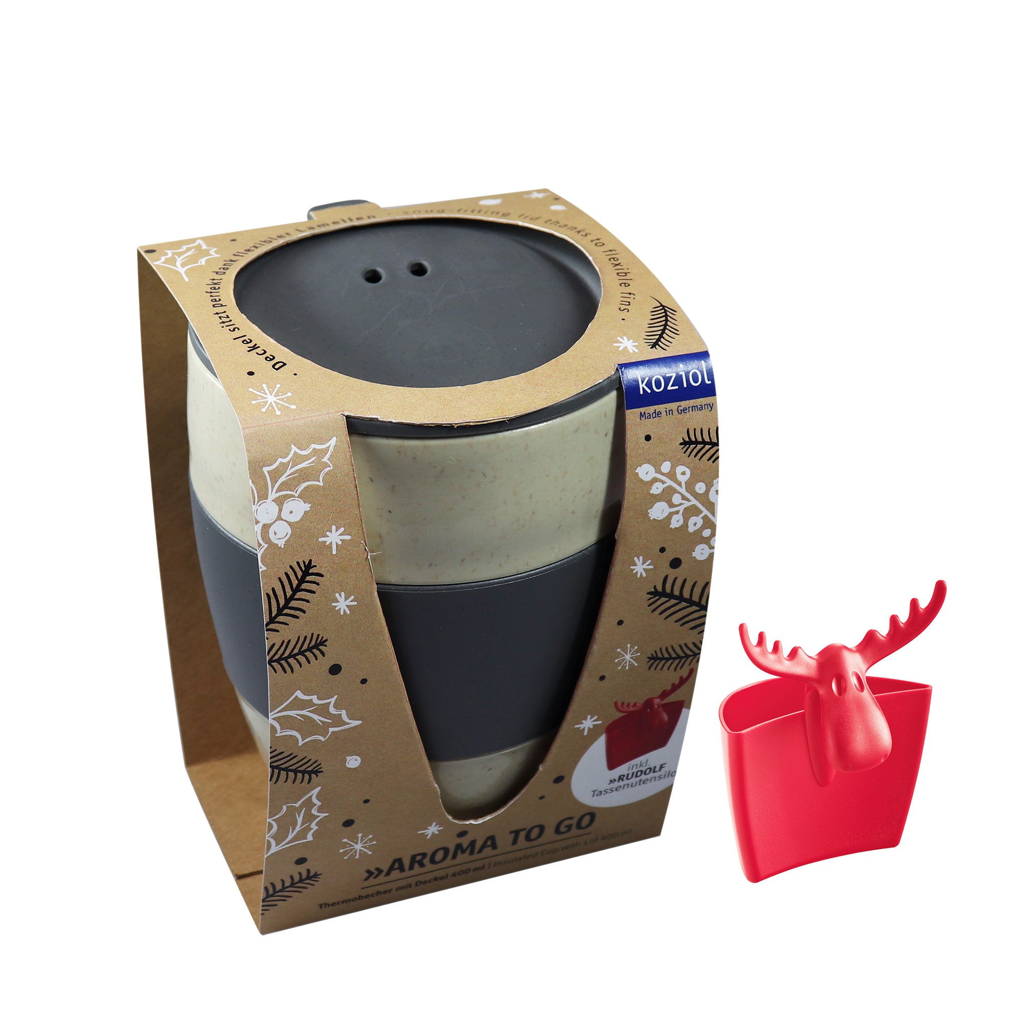koziol Thermobecher mit Deckel + Tassenutensilo AROMA TO GO RUDOLF SET